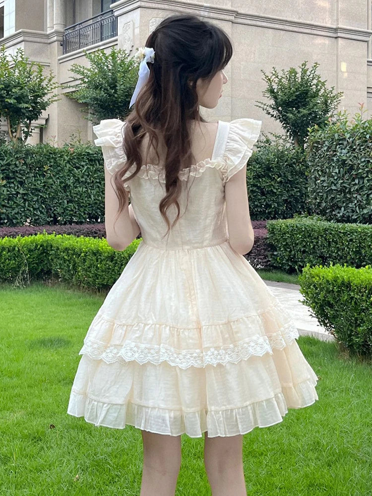 Bxoxo 3D Floral Sweet Mini Dress Women Casual Fashion Slim Flying Sleeve Cake Dress Preppy Style Lace Patchwork Cute Vestidos New