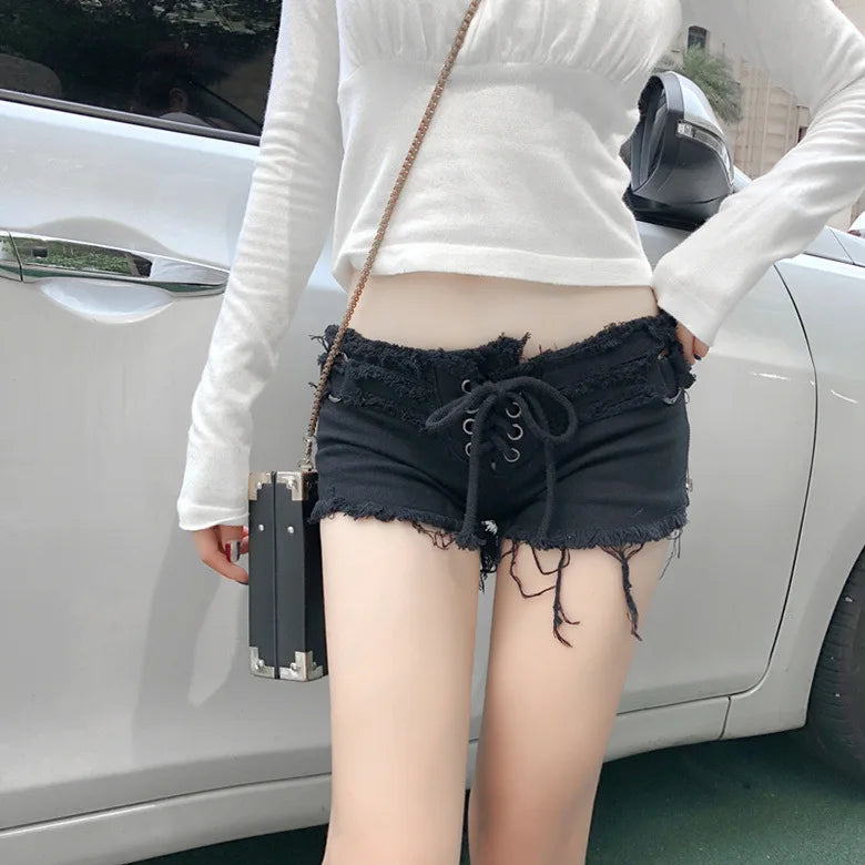 Bxoxo New Summer Europe and America Fashion Sexy Hottie Low Waist Ripped Ladies Denim Shorts Zip Up Lace-Up Hot Pants Jeans