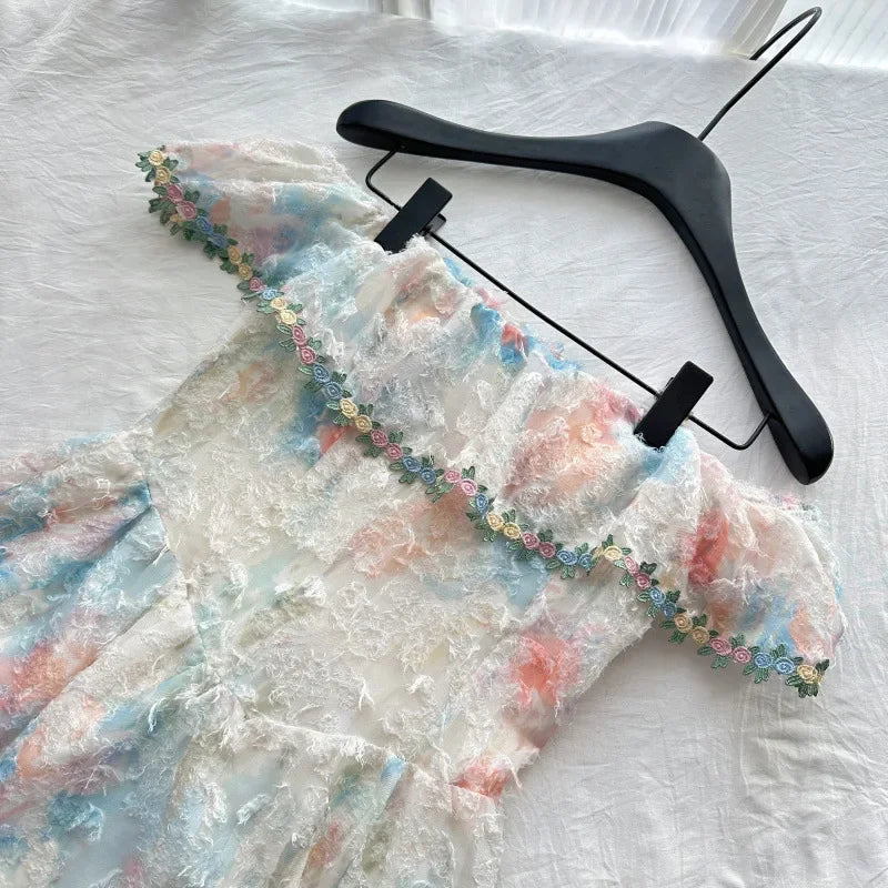 Bxoxo Sweet Fairy Tale Alice French Style Off-Shoulder Dress High Collar Full Sleeve Ankle-Length Beach Vacation Gown Quality