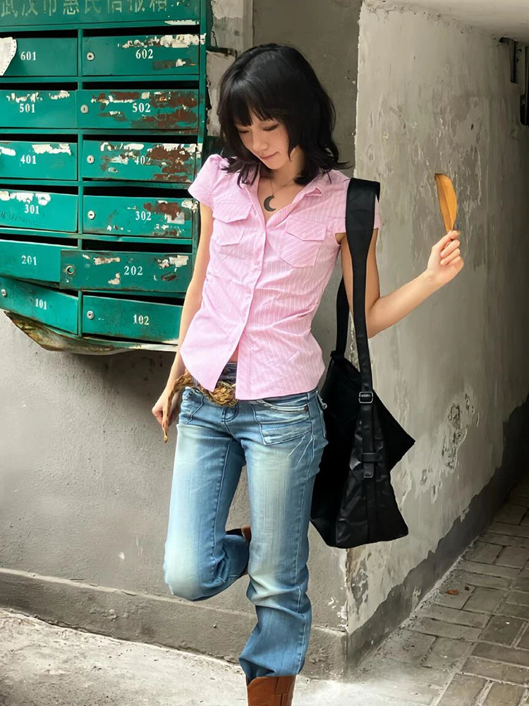 Bxoxo Y2k Fairycore Striped Shirt Women Short Sleeve Pocket Casual Shirt Japanese 2000s Blouse And Shirt American Retro Tops