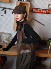 Bxoxo Black Pu Leather Vest for Women Autumn Casual Single Breasted O Neck Crop Jacket Y2K Vintage Loose Streetwear Sleeveless Outwear