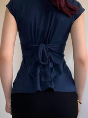 BXOXO Fashion Simple Lace-Up Waist Slim Fit Women Summer New T-Shirts All-Match Basic Trendy Blouses Office Lady