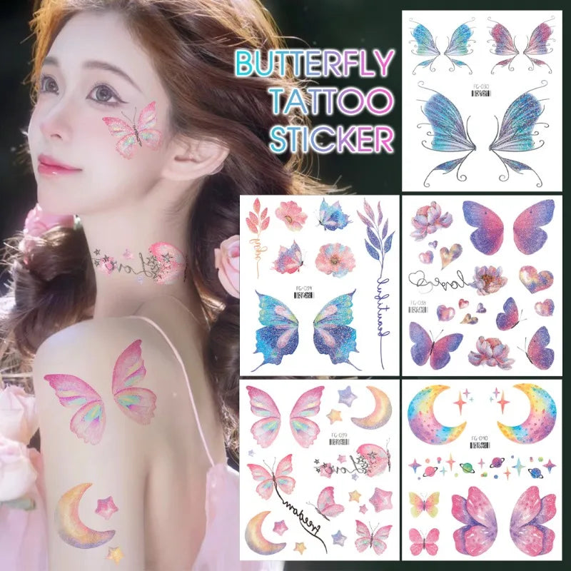 BXOXO 3D Fairy Butterfly Wings Shiny Tattoo Sticker Waterproof Eyes Face Body Art Fake Tattoos For Women Makeup Dance Music Festival