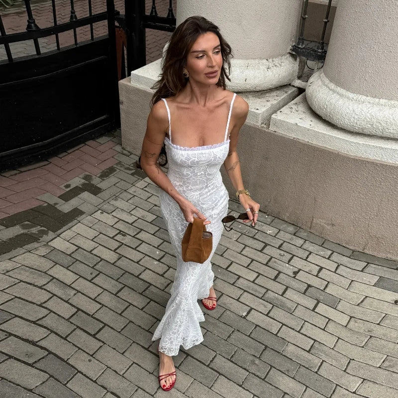 Bxoxo  Sexy Lace Patchwork Solid Color Low Cut Bodycon Spaghetti Strap Maxi Dress Y2K Summer Beach Fashion New Women Vestidos
