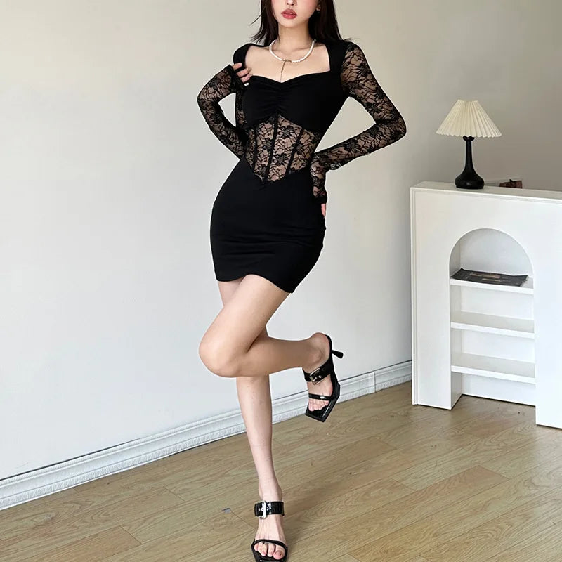 Bxoxo Black Mysterious Sexy Lace Stitching Mature Fishbone Beautiful Sweet Gentle Women'S Winter Long Sleeve Hip Short Dress