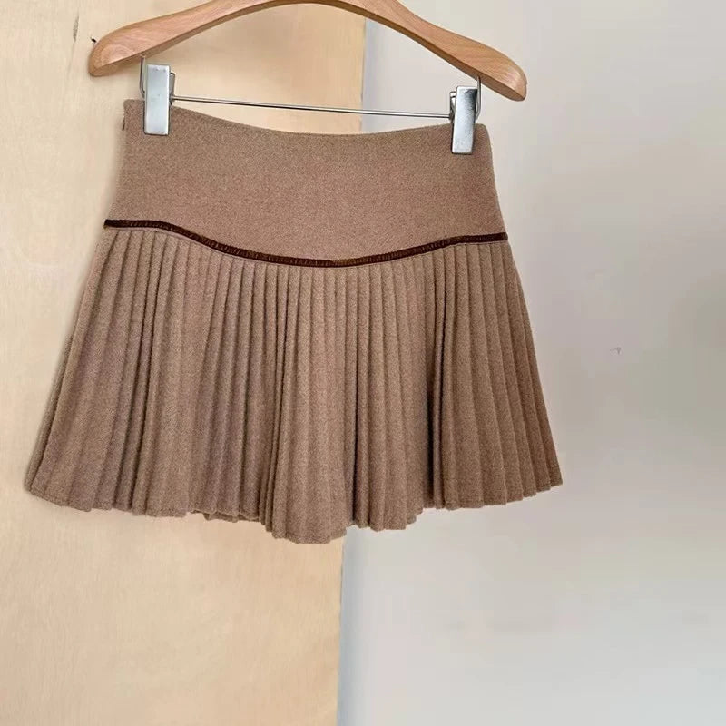 Bxoxo Vintage Plaid Pleated Skirts Women Y2K Autumn Winter Preppy Faux Woolen Mini Skirts Female High Waist Sweet Blended Skirts New