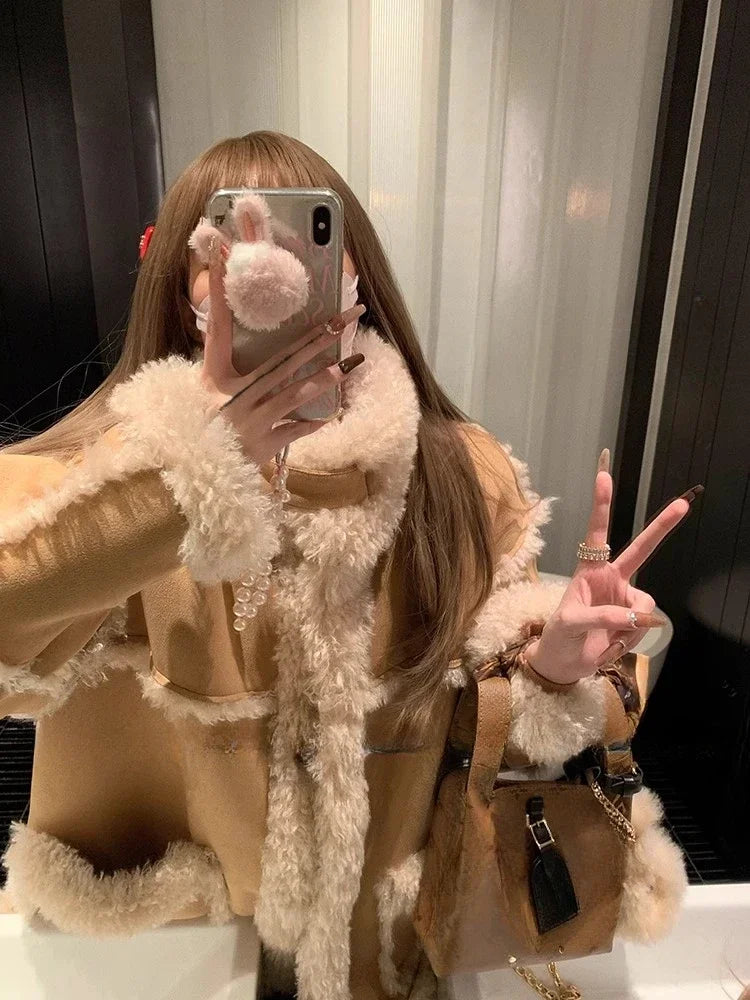 BXOXO Winter Warm Overcoats Women Outwear Casual Y2k Office Lady Vintage Faux Fur Wool Coat Ladies Korean Fashion Khaki Jackets Chic