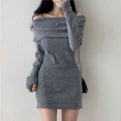 BXOXO Chic Korean Style Knitted Mini Dress Shoulder Baring Scoop Neck Slim Fit Ribbed Short Skirt For Women Autumn Winter Collection