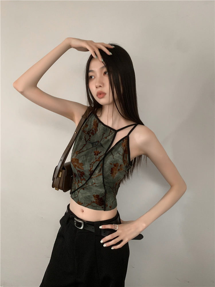 Bxoxo Flocking Floral Vintage Crop Cami Top For Women 2024 Sleeveless Flower Green Tops Designer Clothes Luxury