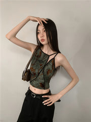 Bxoxo Flocking Floral Vintage Crop Cami Top For Women 2024 Sleeveless Flower Green Tops Designer Clothes Luxury