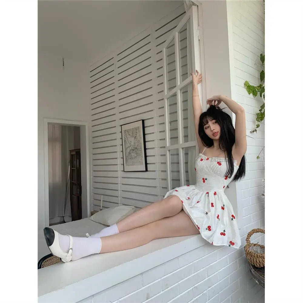 BXOXO White Suspender Dress Summer New Cherry Print Slim High Waist Short Skirt Sleeveless Sexy Female Sling Dress