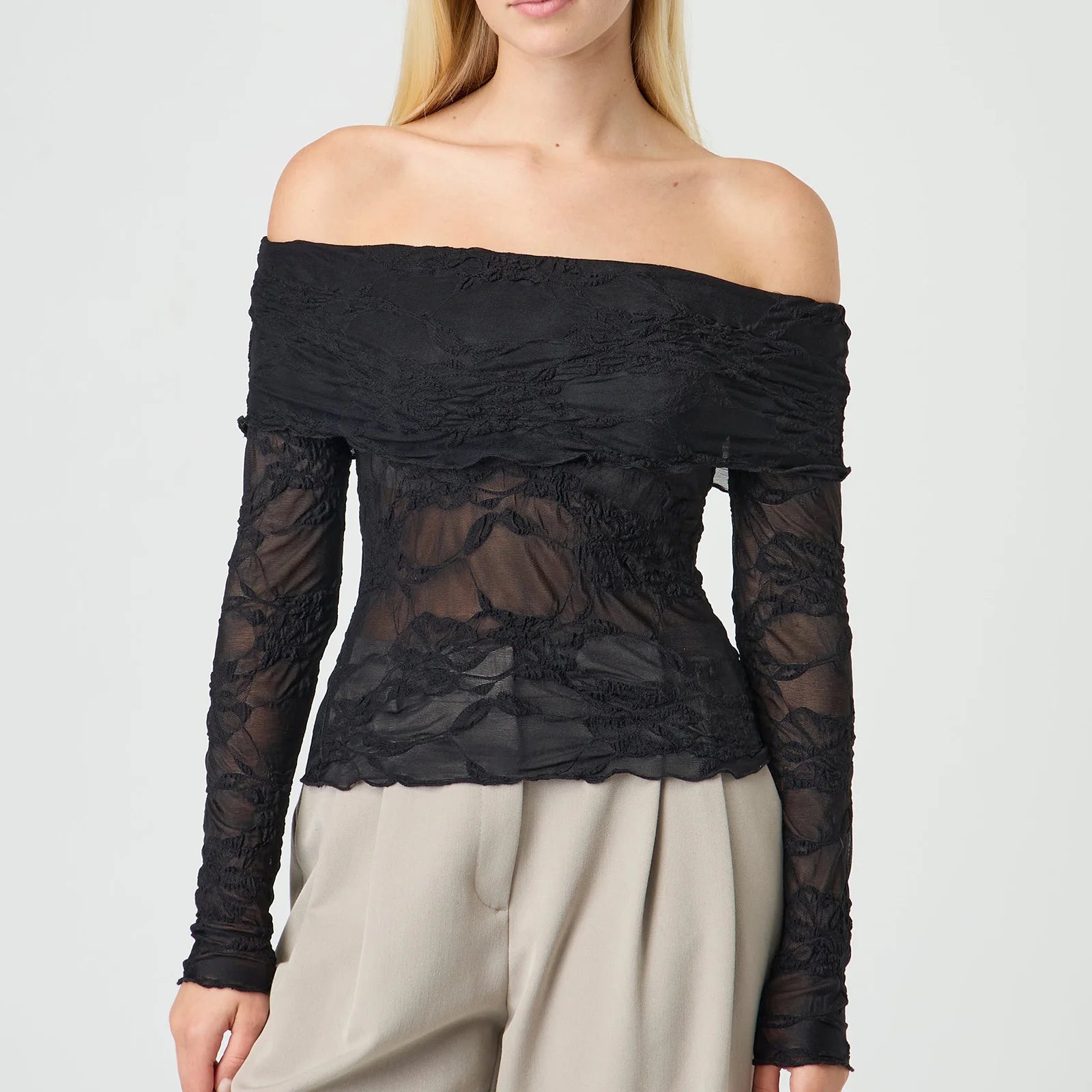 BXOXO Womens Off Shoulder Sheer Tops Floral Lace Chest Folding Boat Neck Long Sleeve Casual T-Shirt for Parties Streetwear