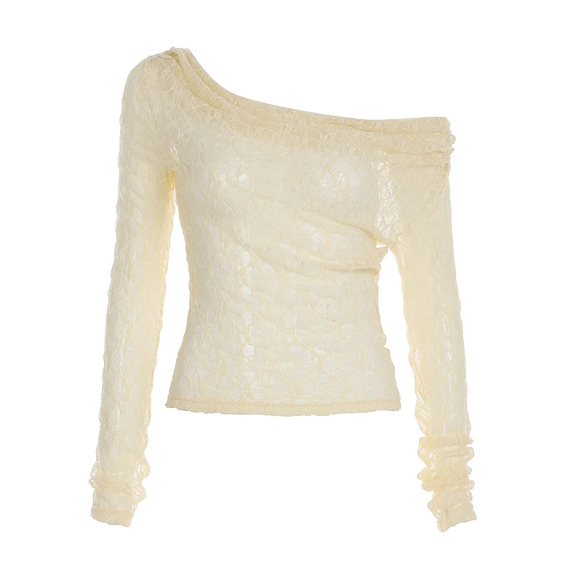 BXOXO Transparent Lace Crop Top Asymmetrical Off-shoulder Long Sleeve Smock T-shirts Women Summer Casual Tees y2k Vintage Tees