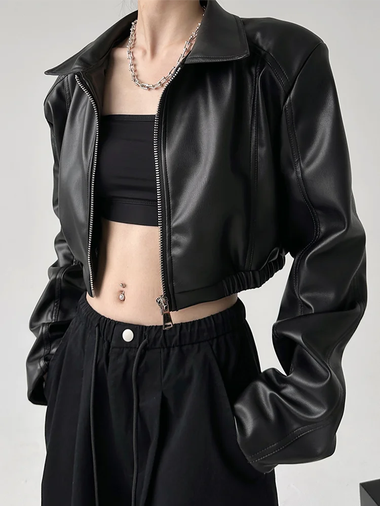 Bxoxo American Vintage Pu Leather Women Jacket Y2K Black Lapel Long Sleeve Crop Coats Harajuku Streetwear Zipper Casual Outerwear
