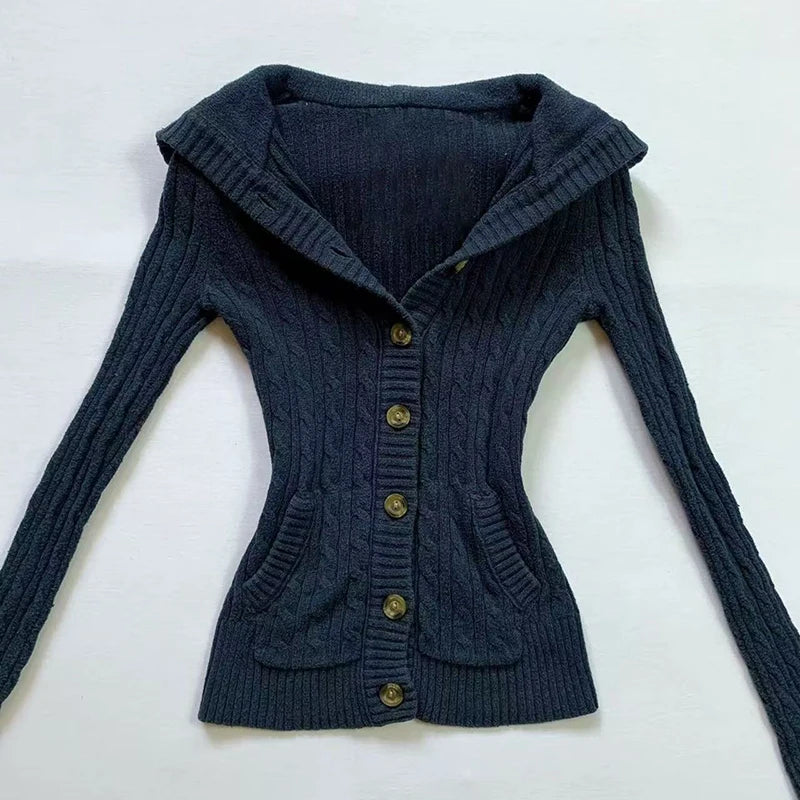 Bxoxo American Navy Blue Knitted Hooded Cardigan Y2K Fashion Slim Casual Buttons Sweater Jacket Female Long Sleeve All-Match Sweaters