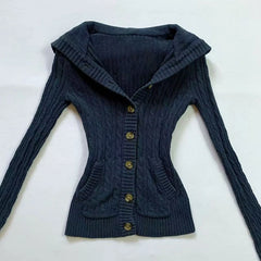 Bxoxo American Navy Blue Knitted Hooded Cardigan Y2K Fashion Slim Casual Buttons Sweater Jacket Female Long Sleeve All-Match Sweaters