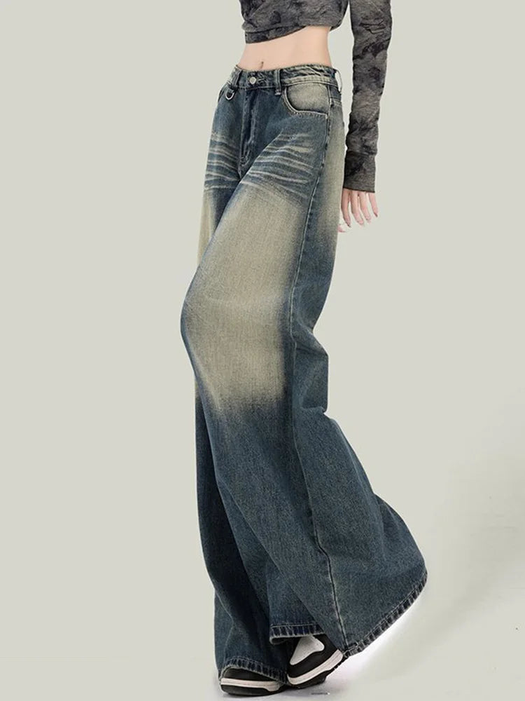 Bxoxo Women Streetwear Retro Jeans Loose High Waist Y2K Denim Pants Casual American Harajuku Fall Female Pockets Wide Leg Trousers New
