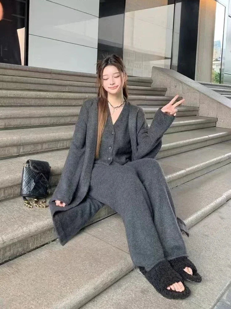 BXOXO Winter French Knitted Suits 3 Piece Set Women Casual Long Cardigan + Vintage Vest + Office Lady Long Pants Korean Fashion