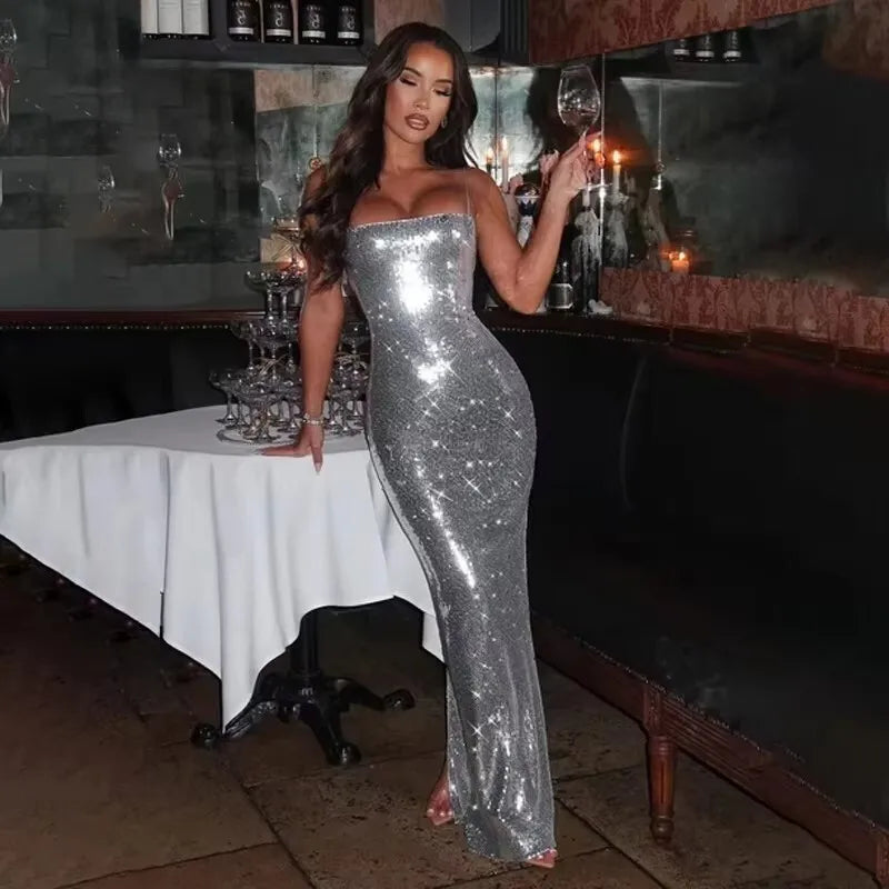 BXOXO 2025 Diamonds Glitter Backless Sexy Dress For Women Robes Evening Club Party Dress Bodycon Mini Summer Dress Vestidos