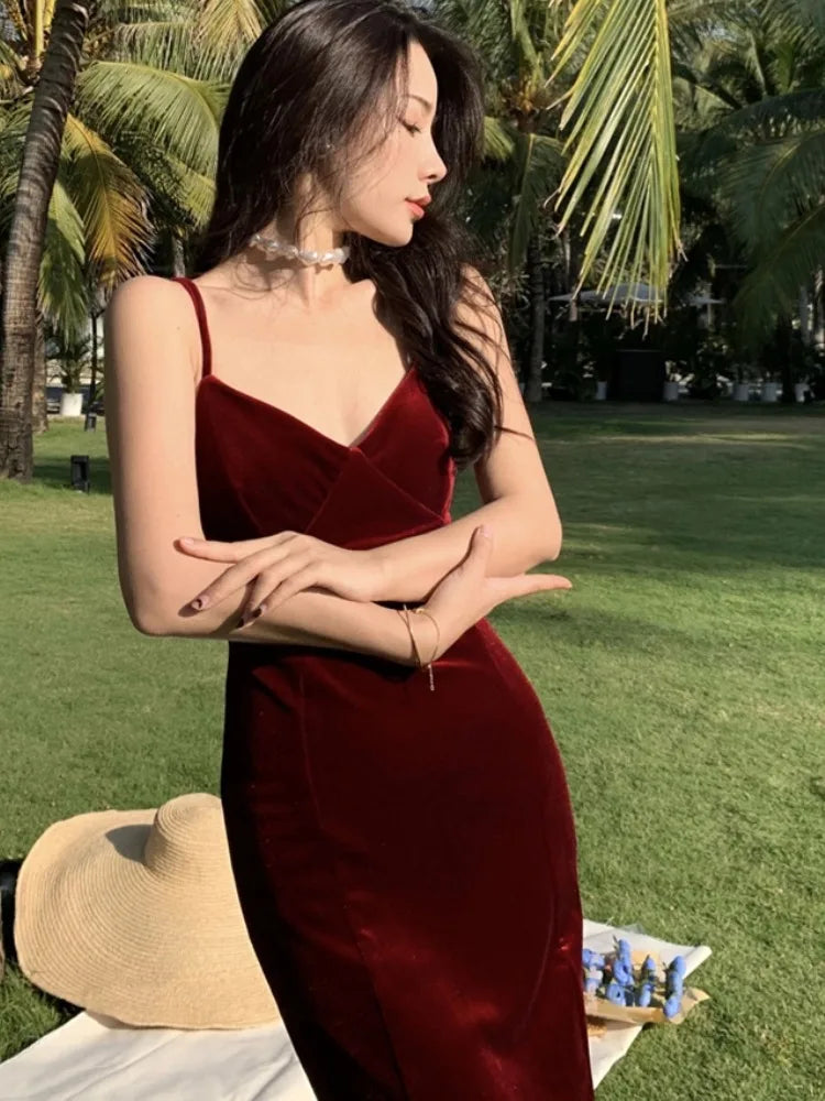 Bxoxo Women's Sexy Vintage Club Prom Burgundy V-neck Spaghetti Strap Long Dresses Summer Beach Lace up Midi Dress Elegant Party Robe