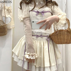 BXOXO Pink Japanese Style Two -piece Set Elegant Women Sweet High Waist Bandage Mini Skirt Matching Suit Kawaii Lolita Camis Tops