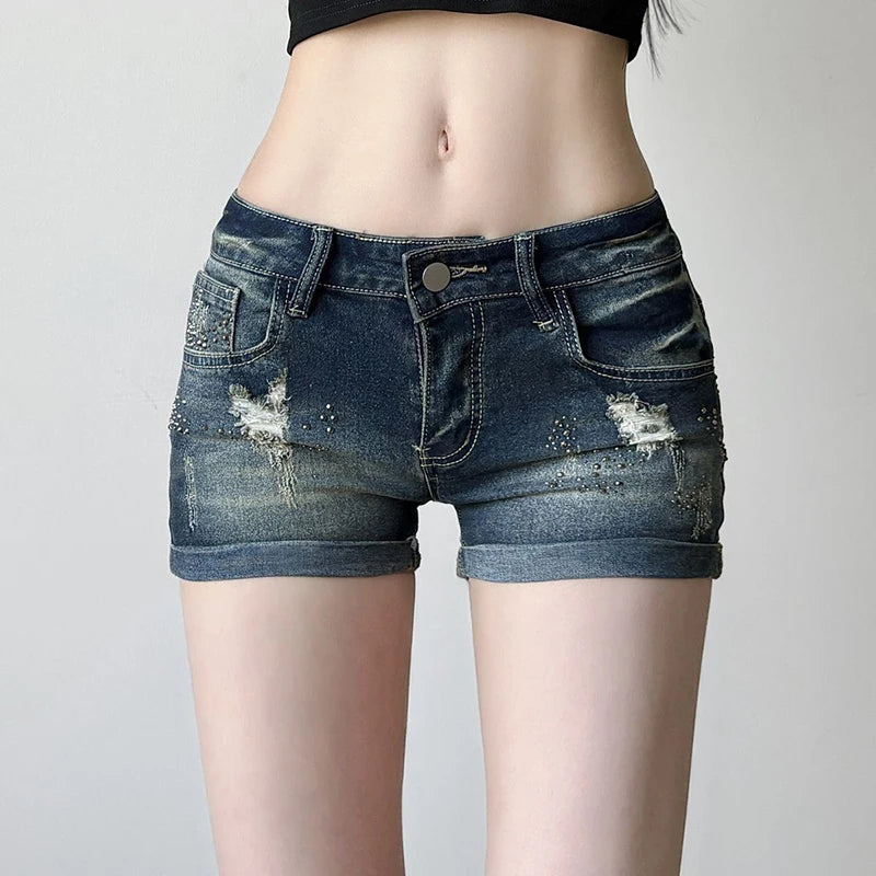 Bxoxo Summer Women Hole Denim Shorts Y2K Sexy Low Waist Slim Hot Rhinestones Short Jeans Women Retro Streetwear Roll Up Hem Shorts