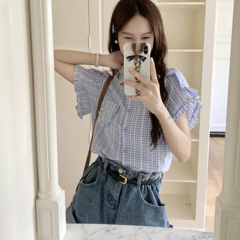Bxoxo Korean Ruffles Short Sleeve Plaid Shirt Women Preppy Sweet Turn Down Collar Blouse female Summer chic Pocket Button blouse