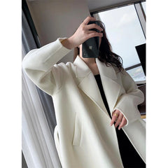 BXOXO Elegant Midi Wool Blends Coat Women Korean Thicken Long Bandage Jackets Oversized Lace Up Outwear White Cardigan Woolen Overcoat