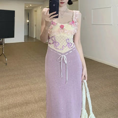 BXOXO Heavy-Work Knitted Purple Strap Dress Women's French Vintage Design Sensation Beauty Flower Banquet Empire Waist Gown