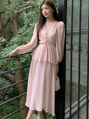 Bxoxo Women's Elegant Fairy Casual Korean Style Dresses New V-Neck Lace-up Long Lantern Sleeve Ruffles Midi Dress 2025 Holiday Vestido