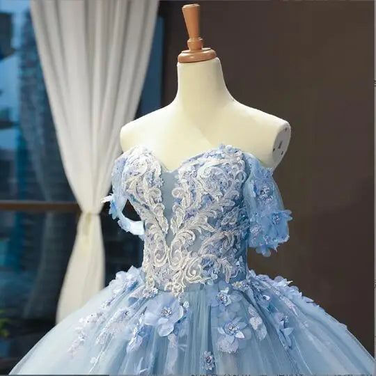 BXOXO Luxury Sky Blue Lace Quinceanera Dresses Sweetherts Tulle Party Vestidos 15 Anos Vintage Ball Gown Quinceanera Gown