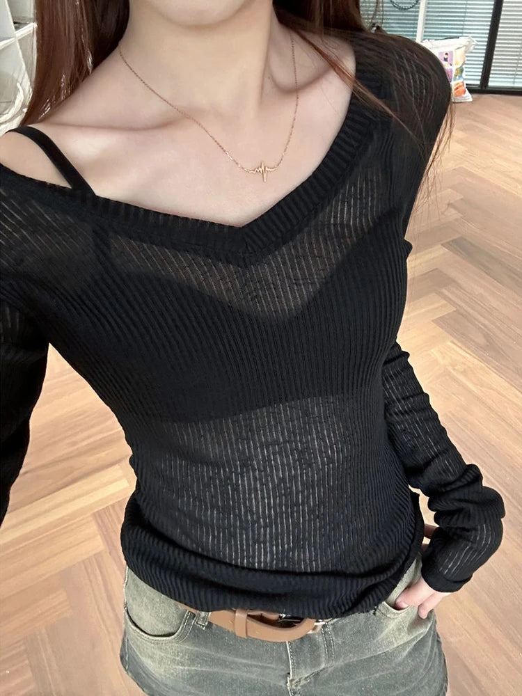 Bxoxo Women Long Sleeve T Shirt Thin Perspective Summer Solid Slim Casual Shirts Female Pullovers Basic Tee Y2k Clothes Streetwear Top