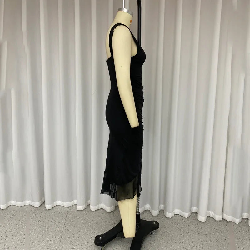 BXOXO Women Maxi Dress Summer Elegant Solid Sleeveless Nipped Waist Slim Backless Ruffled Irregular Party Dresses Streetwear