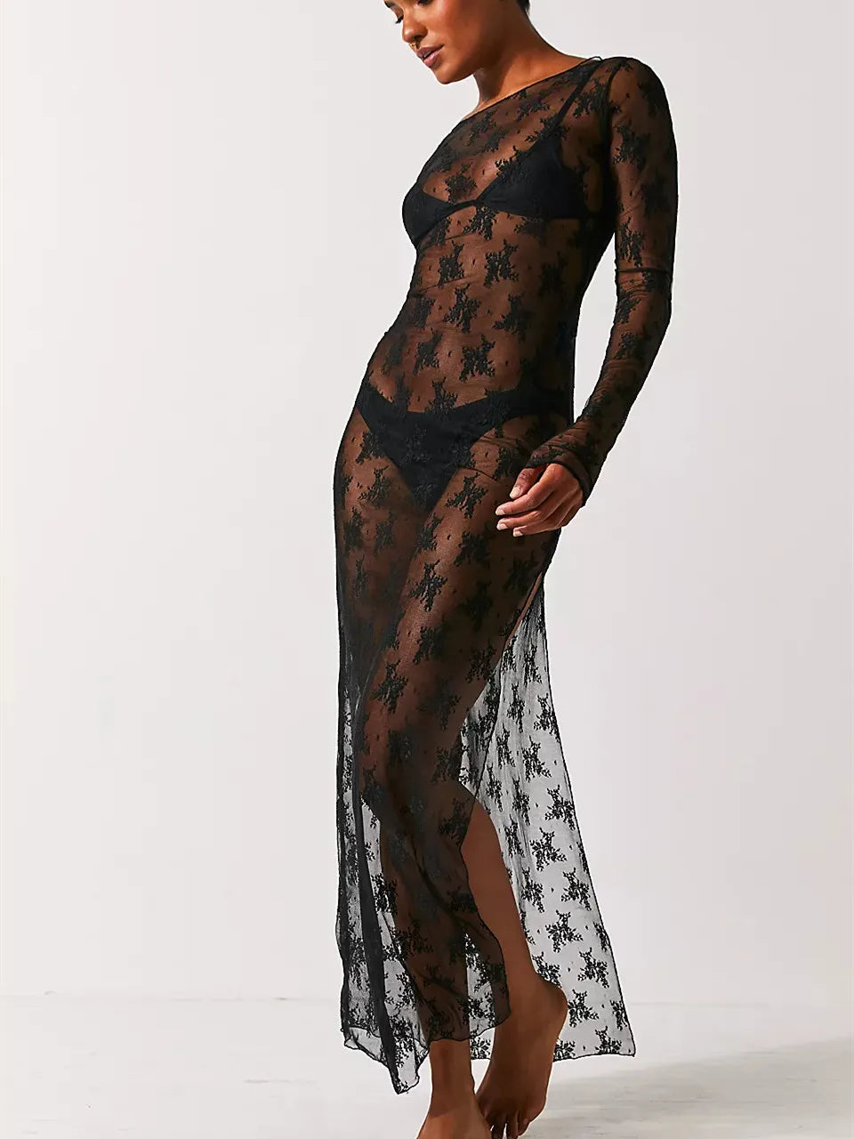 BXOXO Womens Y2K Sheer Lace Maxi Dress Long Sleeve See Through Mesh Floral Lace Split Bodycon Dress Beach Coverups Party Dress