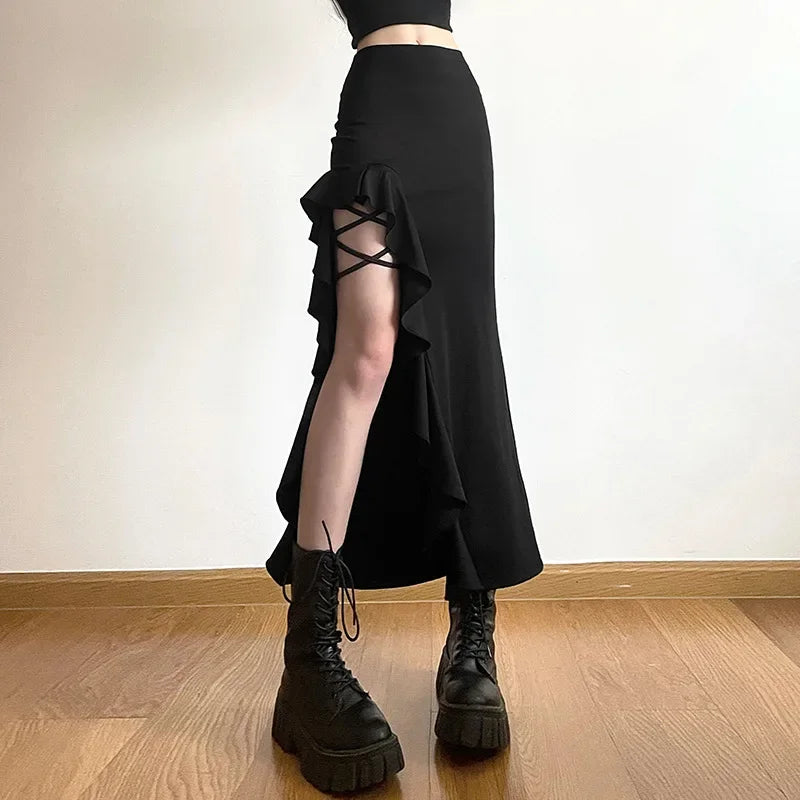Bxoxo Gothic Black High Waist Bodycon Mid Skirt E-Girl Punk Ruffles Split A-Line Skirts Y2K Fashion Women Streetwear Bottoms