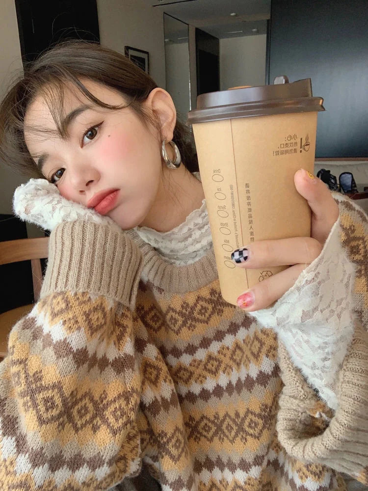 Bxoxo Winter Knitwear Pullover Sweaters For Women Top Blue Vintage Long Loose Autres Sweats Warm Korea Fashion Kawaii Jersey Jumper