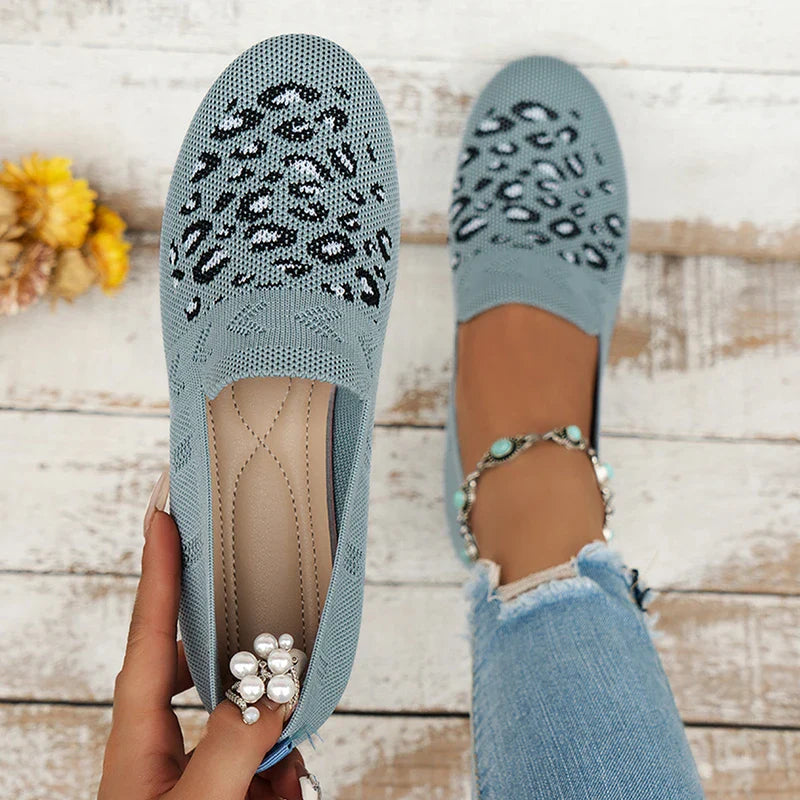 BXOXO Leopard Prints Knitted Loafers Women Breathable Mesh Shallow Flats Shoes Woman Lightweight Casual Slip-On Walking Shoes
