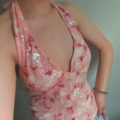 BXOXO Y2k Woman Sexy Colorful Sequin Tank Tops Sleeveless Halter Neck Crop Vest V Neck Backless Cami Tops Streetwear
