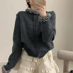 Bxoxo Sweet Korean Style Sweaters Cardigan Elegant Kawaii Gray Knitted Cardigan Preppy Style Autumn Winter Sweater Aesthetics