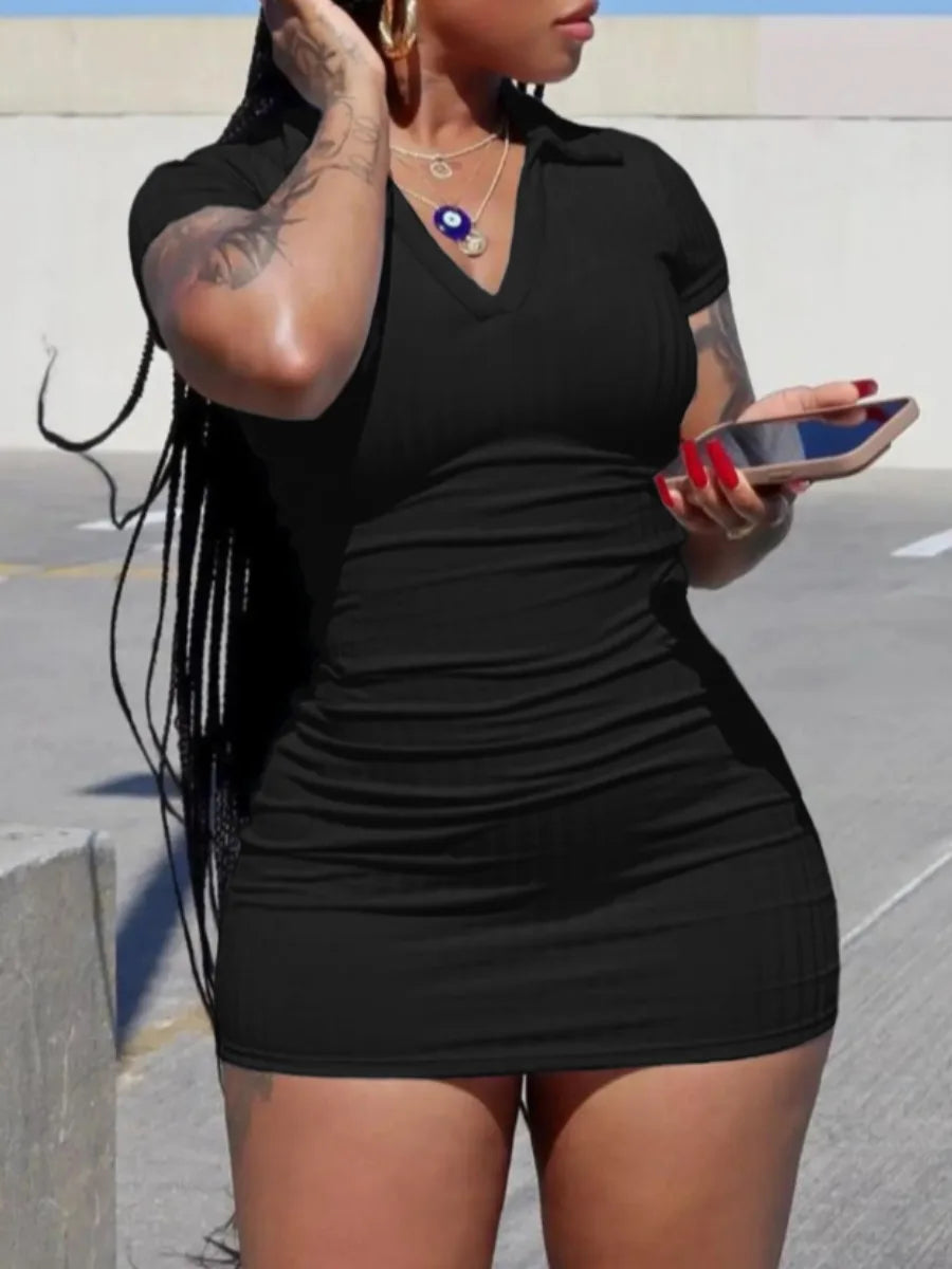 BXOXO Plus Size Basic Solid Color Bodycon Dress Women Spring Summer Short Sleeve Turndown Collar V Neck Casual Daily Mini Dresses