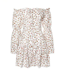 BXOXO Off Shoulder Ruffle Hem Ditsy Floral Print Dress Slash Neck Long Sleeves Elegant Dresses for Women