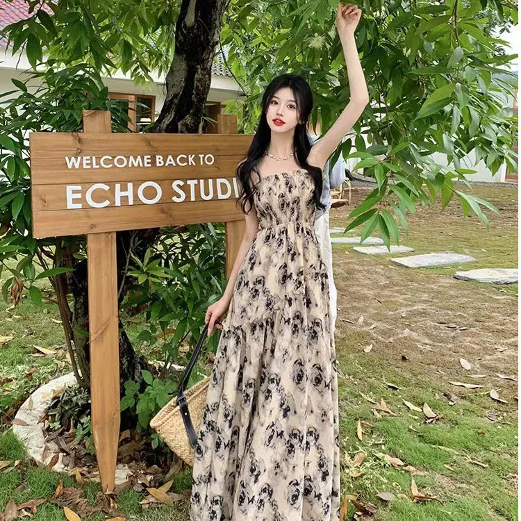 BXOXO Summer New Sweet Elegant Halter Dress Slash Neck Floral High Waist Pleats Long Dress Patchwork Holiday Style Boho Dress