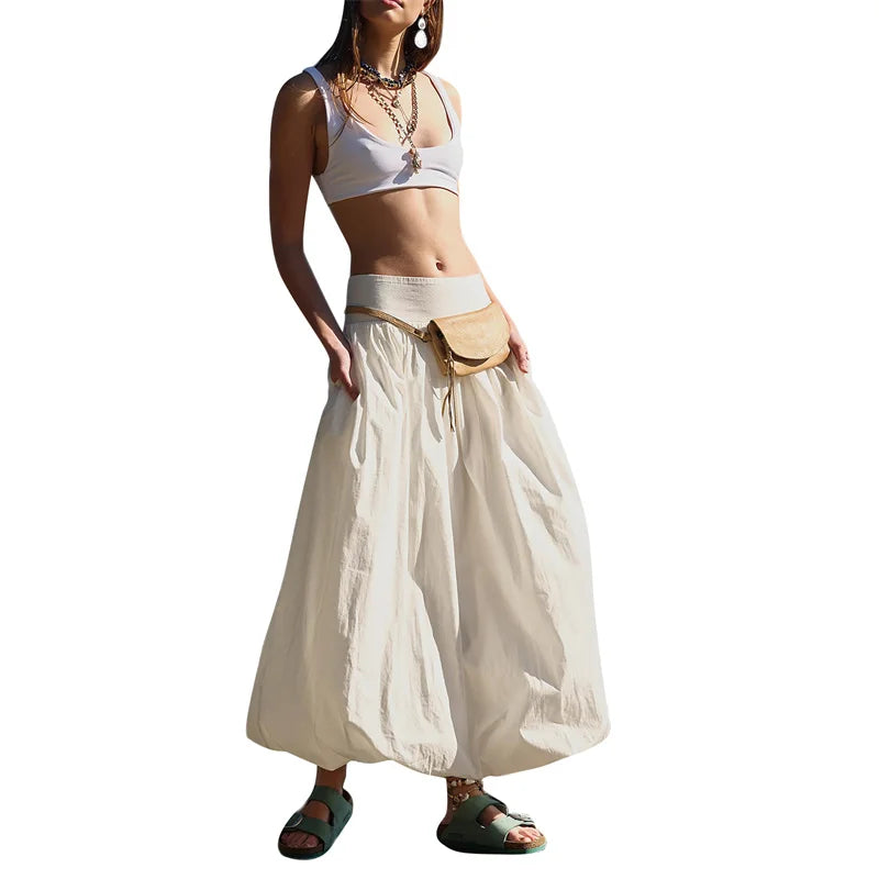 Bxoxo Skirts y2k Women Summer Elegant Solid Color High Waist Loose Fitting Long Bubble Skirt Office Ladies Skirts Streetwear