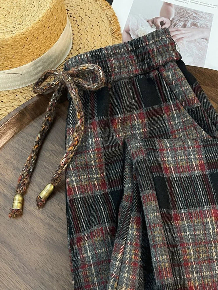 Bxoxo Retro Streetwear Plaid Pants Women Lace Up Loose Hip Hop Straight Trousers High Waist Casual Vintage Harajuku Bf Wide Leg Pant