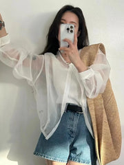 Bxoxo Blue Lightweight Long Sve irt Jaet Women's Ultra-Thin Summer Outerwear Single Button Design Waist-Cinching Sun Protect...