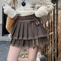Bxoxo Fashion Bow Pu Pleated Skirt for Women Korean High Waist Splicing Mini Skirts Y2K Female Harajuku All-Match Chic A-Line Skirts