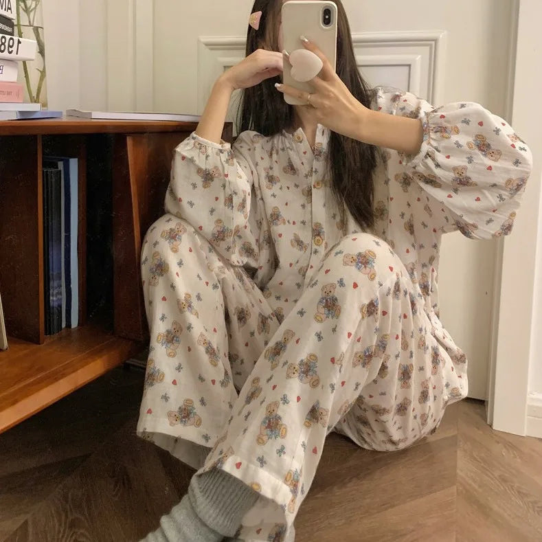 Bxoxo Women's Sweet Cute Pajamas Set Female Korean Style Home Clothing Girl Bear Foral Print Sleepwear Long Sleeve Pant Nightwear 2XL