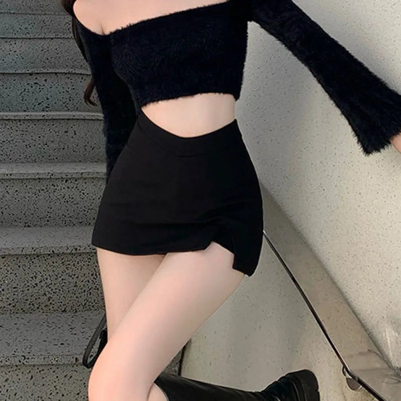 Bxoxo Black Split Mini Skirts Women Summer Sexy Club High Waist Slit Skirt Streetwear Korean Party Fashion Irregular Slim A Line Skirt