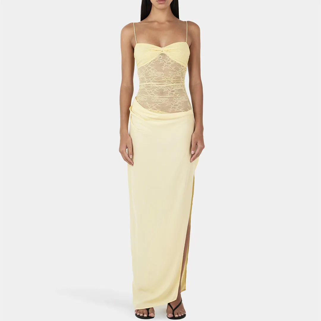 BXOXO Women Spaghetti Strap Long Dress Sexy Lace Patchwork Bodycon Backless Dress Party Club Elegant Ladies Sundress
