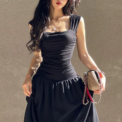 BXOXO Women Summer Party Long Dress Sexy Ruched Bodycon Black Maxi Dresses Elegant Temperament High-waist Vestidos New